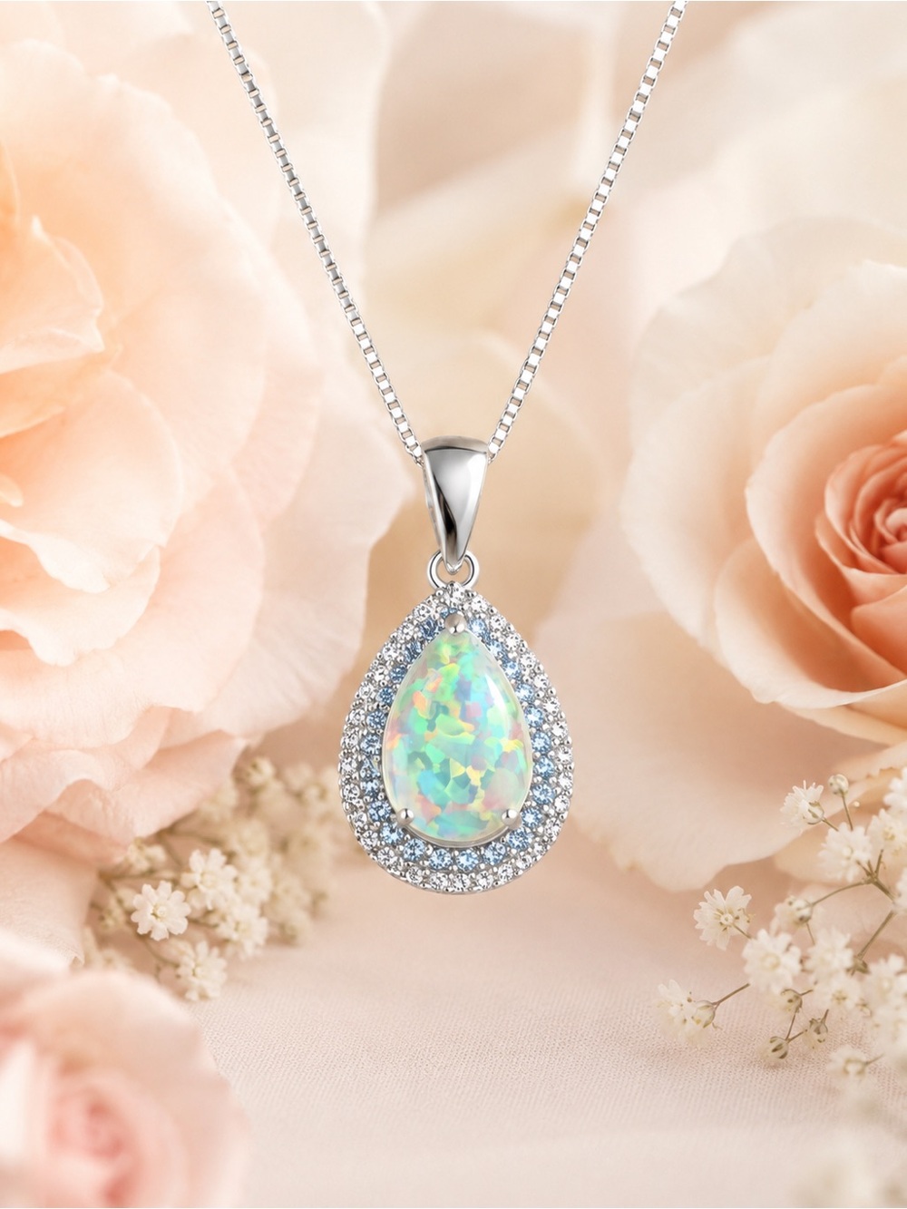 Sterling Teardrop Opal Pendant Necklace - Iridescent Opal - Picture 4 of 5